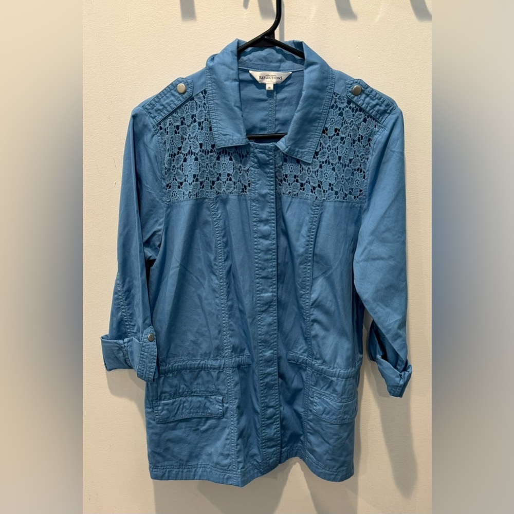 2/$20 Northern Reflections Blue Utility Jacket with Lace Accents 100% cotton M - Picture 1 of 12